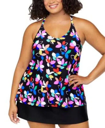 Island Escape Plus Size Printed Racer Back Tankini Plus Size Tummy Control Swim Skirt Exclusively At Macys In Black Multi