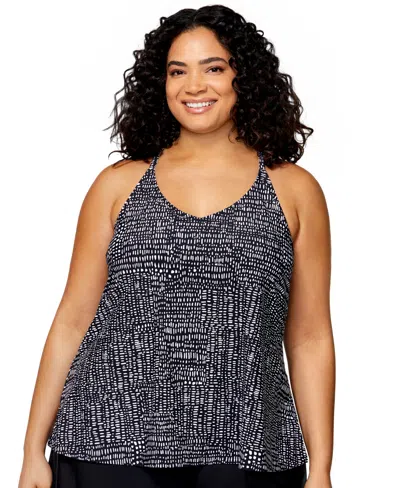 Island Escape Plus Size Printed Racerback Tankini Top, Exclusively At Macy's In Black