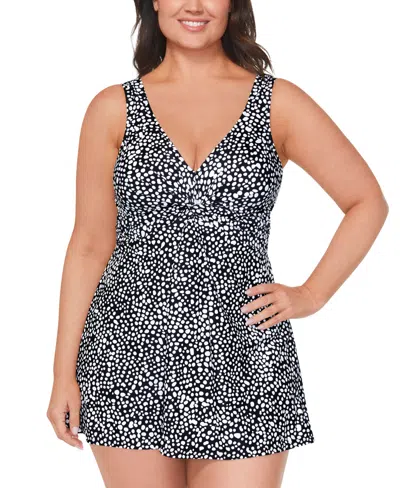 Island Escape Plus Size Printed Twist-front Swimdress, Created For Macy's In Black