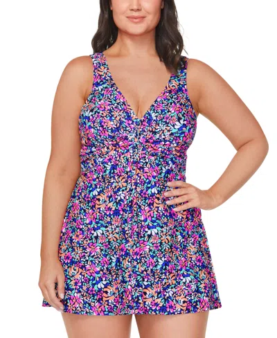 Island Escape Plus Size Printed Twist-front Swimdress, Created For Macy's In Navy