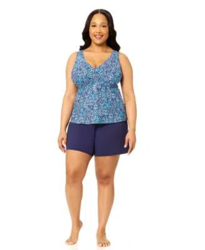 Island Escape Plus Size Printed V Neck Underwire Tankini Top Macys Exclusive Shorts In Blue