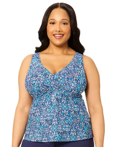 Island Escape Plus Size Printed V-neck Underwire Tankini Top, Macy's Exclusive In Blue