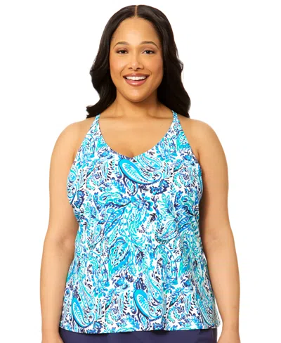 Island Escape Plus Size Printed V-neck Underwire Tankini Top, Macy's Exclusive In Multi