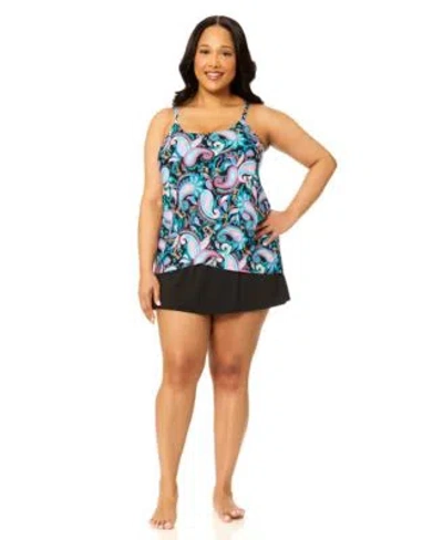 Island Escape Plus Size Scoop Neck Cape Town Tankini Top Skirt In Blue