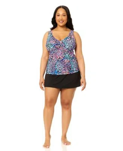 Island Escape Plus Size V Neck Monterey Tankini Top Skirt In Multi