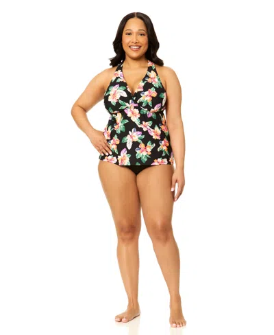 Island Escape Plus Size V-neck Race Back Tank Top In Multi