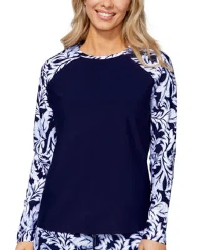 Island Escape Womens Printed Sleeve Rash Guard Printed Skirted Bottoms Exclusively At Macys In Blue