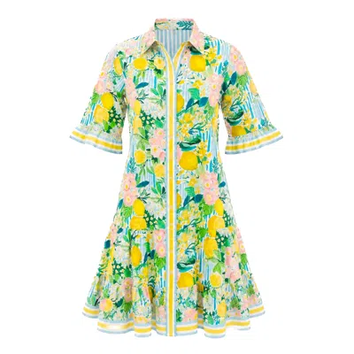 Islapayal Blue / Yellow Lisbon Mini| Riviera - Women's Summer Floral Citrus Print Shirt Dress   A-line Shirt-  In Multi