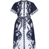 Islapayal Women's Blue Sydney Shirtdress |iris Placement Print Navy Maxi Shirtdress Front-open With Sash In Blue