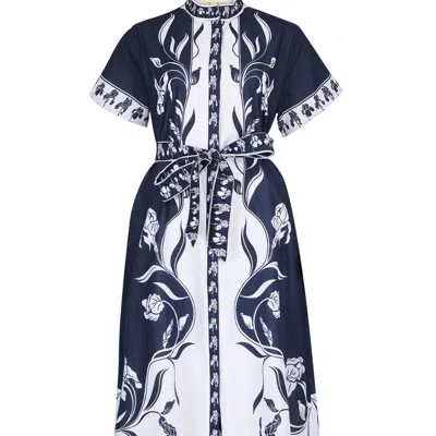 Islapayal Women's Blue Sydney Shirtdress |iris Placement Print Navy Maxi Shirtdress Front-open With Sash