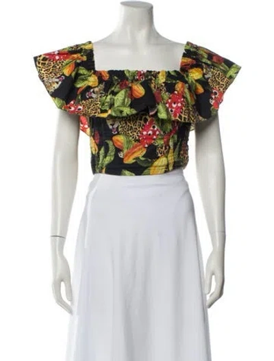 Pre-owned Isolda Floral Print Square Neckline Crop Top In White