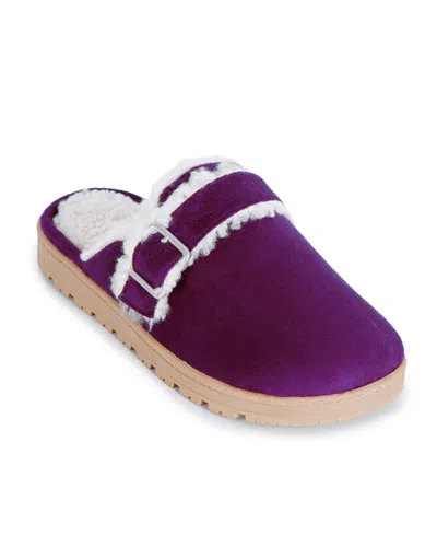 Isotoner Signature Buckle Scuff Sherpa Slippers In Purple