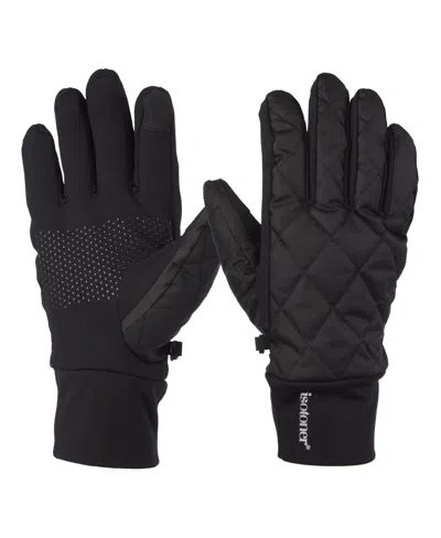 Isotoner Signature Men's Diamond Quilted Pongee And Spandex Water Repellent And Touchscreen Gloves In Black