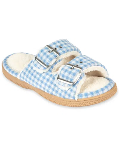 Isotoner Signature Women's Gingham Double Buckle Open Toe Slide Slippers In Blue