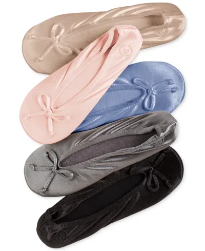 Isotoner Signature Women's Satin Ballerina Slippers With Bow In Evening Sand