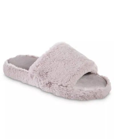 Isotoner Women's Faux Fur And Satin Tabby Slipper In Thistle In Grey