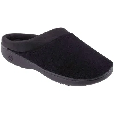 ISOTONER WOMEN'S MICROTERRY PILLOWSTEP SATIN CUFF CLOG SLIPPER IN BLACK