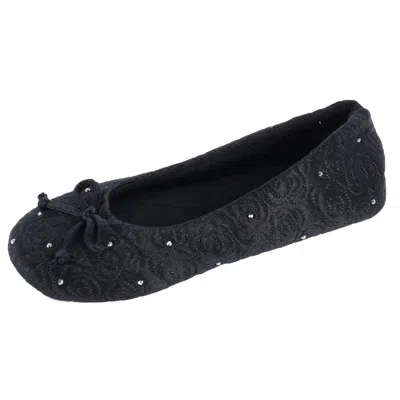 Isotoner Women's Terry Lined Rose Quilted Ballerina Slippers In Black