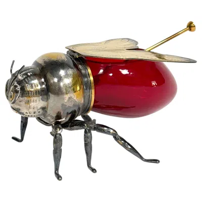 Pre-owned Israel Freeman & Son Ltd. 1 Silver Plated Brass And Ruby Glass Honey Bee Pot With Spoon In Brown