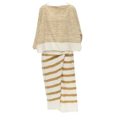 Pre-owned Issey Miyake 1980's Vintage Beige Yellow Tribal Stripe Boxy Top Skirt Set
