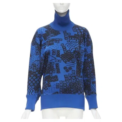 Pre-owned Issey Miyake 1980's Vintage Blue Black Illustration Print Turtleneck Sweater M