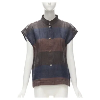 Pre-owned Issey Miyake 1980's Vintage Brown Navy Checked Patchwork Linen Shirt Jp9 S In Blue