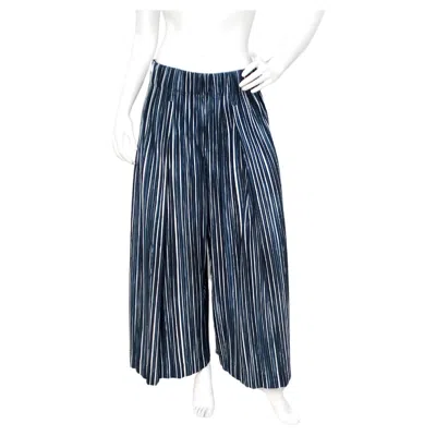 Pre-owned Issey Miyake 1980s Homme Plisse Navy Striped Wide-leg Pants In Blue