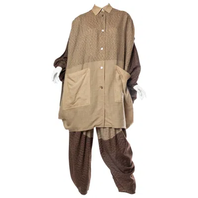 Pre-owned Issey Miyake 1980s  Tan & Brown Wool Blend Oversized Shirt Pleated Pants Ensemble