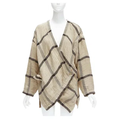 Pre-owned Issey Miyake 1980s Vintage Beige Black Wrap Front Oversized Crinkle Coat Jp9