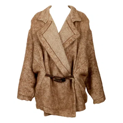 Pre-owned Issey Miyake 1984  Fuzzy Runway Coat With Decorative Woven Leather Toggle Closure In Brown