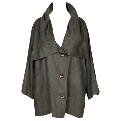 Pre-owned Issey Miyake 1989  Draped Linen Runway Coat With Unique Button Closure In Black