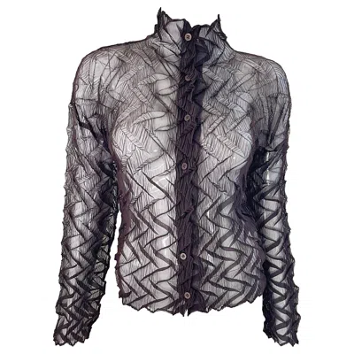 Pre-owned Issey Miyake 1990s  Chocolate Brown Vintage Pleated 90s Sheer Blouse Shirt Medium