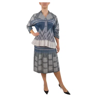 Pre-owned Issey Miyake 1990s  Mixed Blues Pleated Poly/cotton Skirt And Jacket Ensemble In Gray