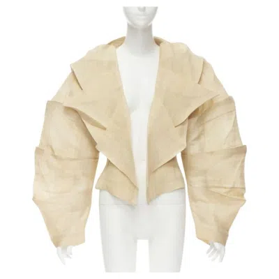 Pre-owned Issey Miyake 1991 Vintage Runway Dinosaur Architectural Pleated Linen Jacket Xl In Sand