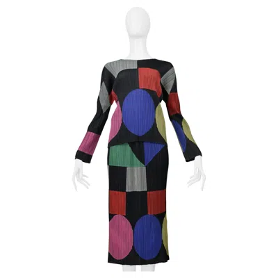 Pre-owned Issey Miyake 2000 Black Pleated Skirt Ensemble W/ Multicolor Geometric Appliques