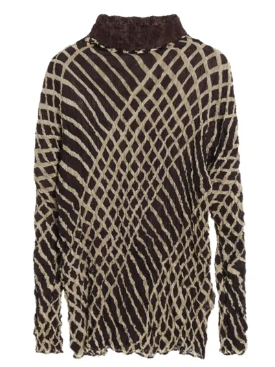Pre-owned Issey Miyake 2010s High-neck Checked Pleated Blouse In Black