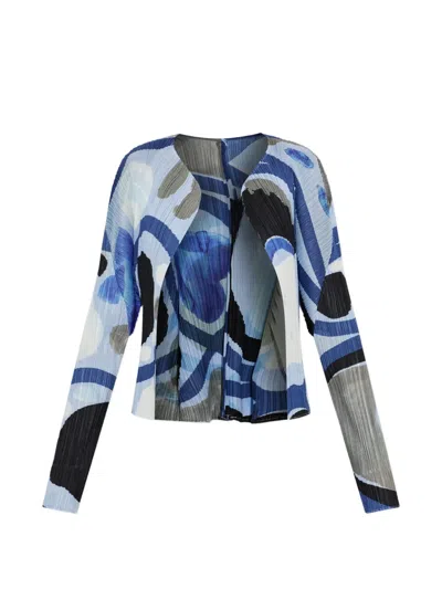 Issey Miyake Abstract-print Pleated Cardigan In Blue