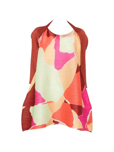 Issey Miyake Abstract-print Pleated Dress In Orange