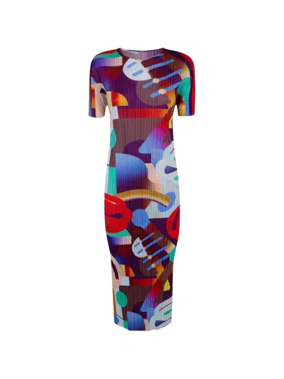 Issey Miyake Abstract-print Pleated Midi Dress In Multi