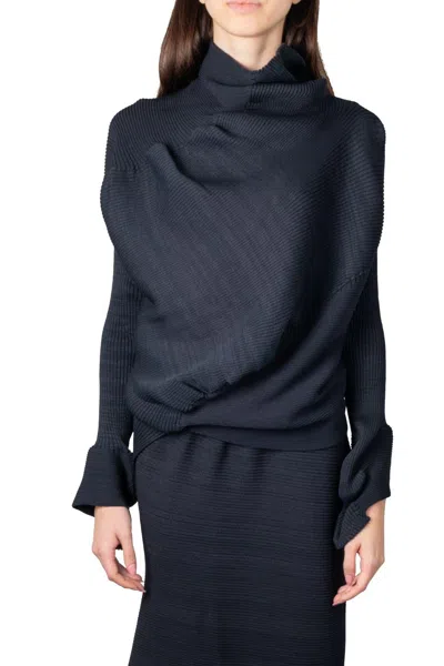 Issey Miyake Aerate Mock Neck Asymmetric Ribbed Jumper In Blue