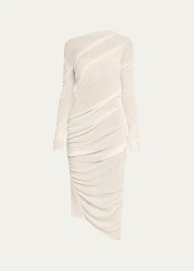 Issey Miyake Ambiguous Twisted Knit Asymmetric Midi Dress In White