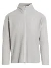 Issey Miyake Pleated High Collar Ribbed Cardigan In Gray