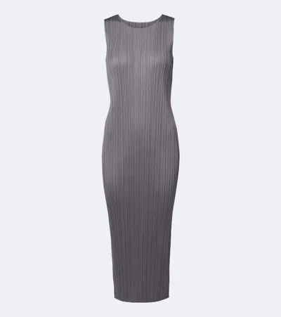Issey Miyake Basics Pleated Midi Dress In Grey