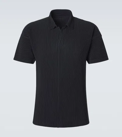 Issey Miyake Basics Pleated Polo Shirt In Black