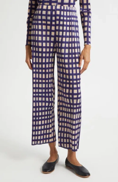 Issey Miyake Basket Print Pleated Crop Straight Leg Pants In Blue
