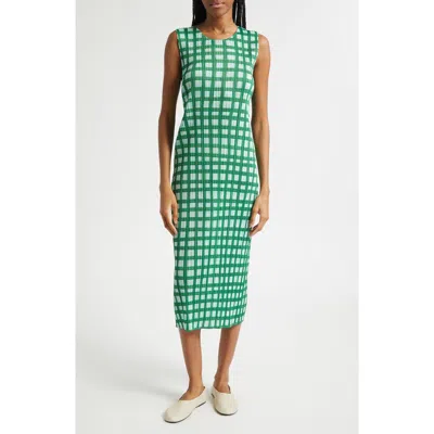 Issey Miyake Basket Print Pleated Midi Dress In Green