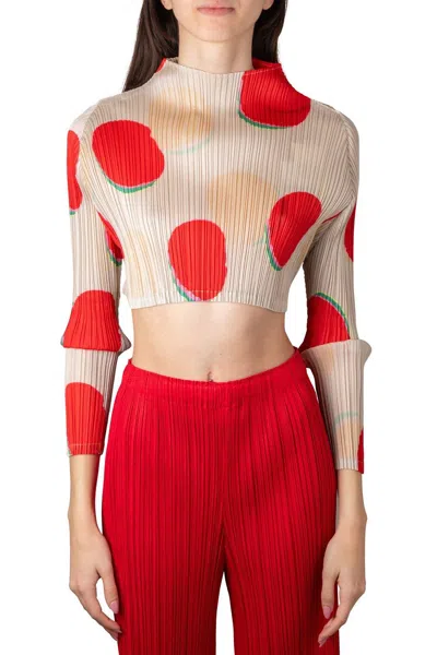 Issey Miyake Bean Dots High-neck Pleated Cropped Top In Red