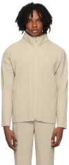 Issey Miyake Pleated High Collar Ribbed Cardigan In 43-linen Beige