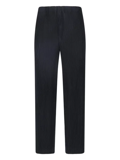 Issey Miyake Black Pleated Button Closure Straight-leg Pants In Blue