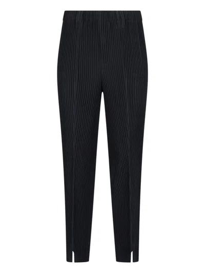 Issey Miyake Black Pleated Elastic Waist Straight-leg Pants In Blue